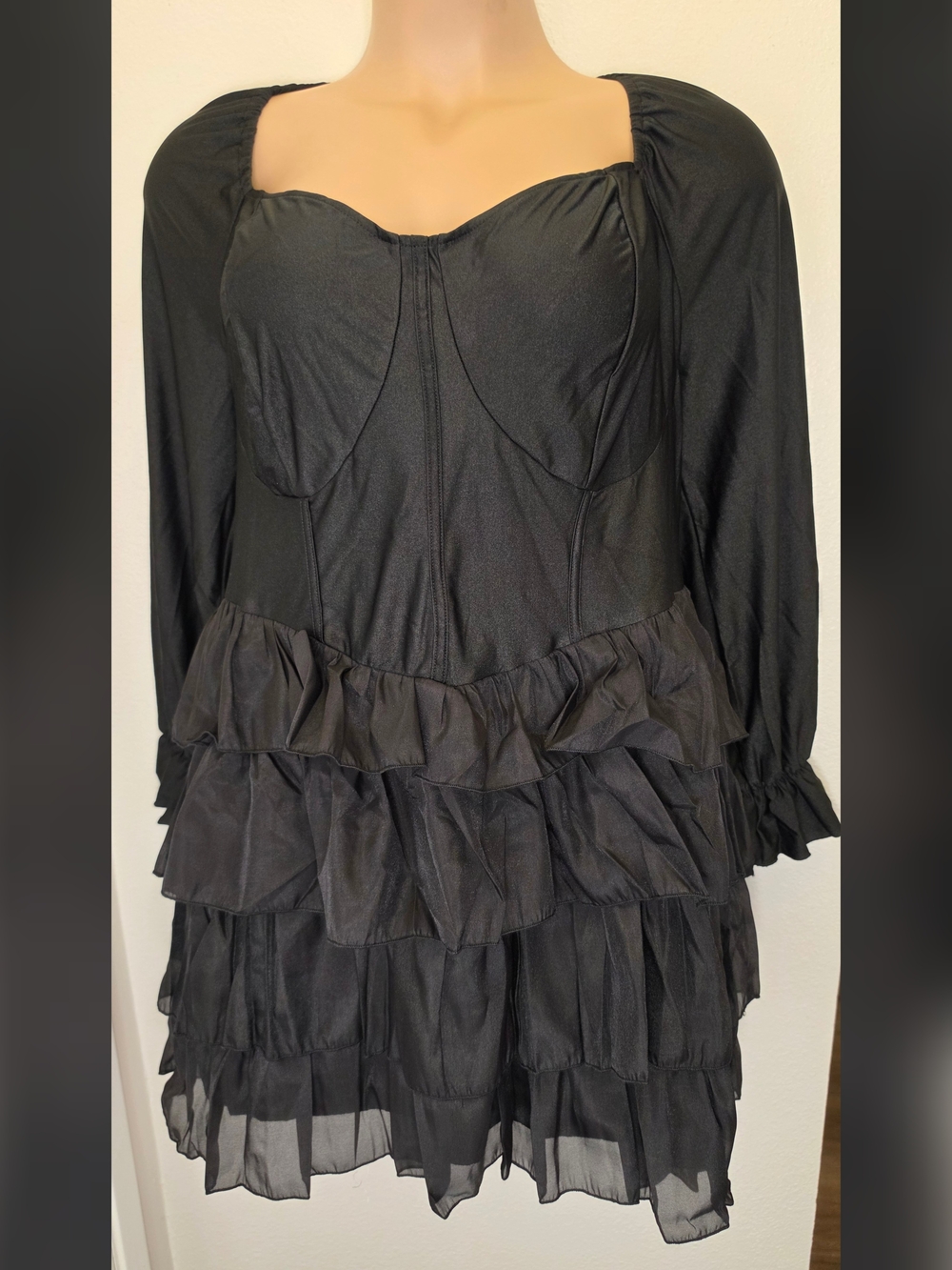 SHEIN Black Long-Sleeve Ruffle Tiered Mini Dress WITCH